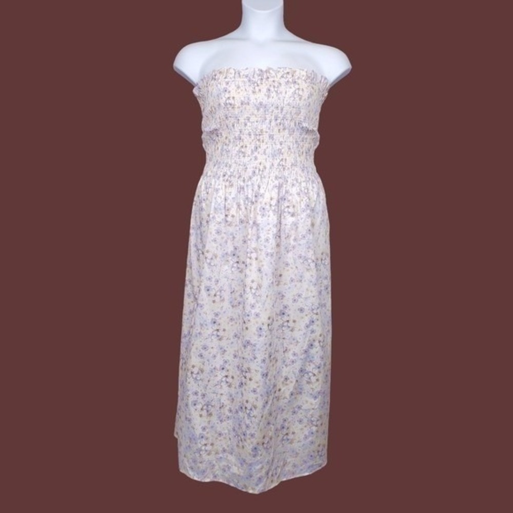 H&M Womens Strapless Ivory Purple Floral Print Smocked Midi Dress Size XXL NWT